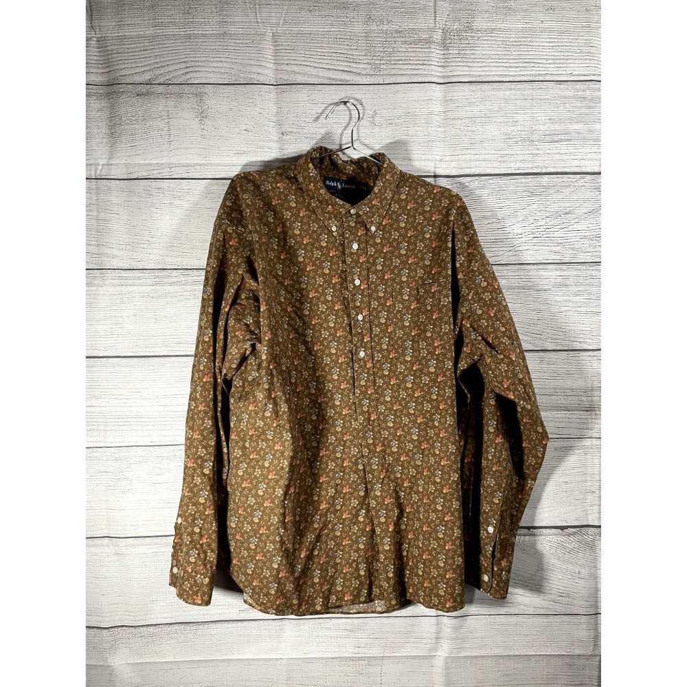 VTG Ralph Lauren Men’s Afton 100% Cotton Half Button Shirt Brown Floral • 2XL - Picture 2 of 4